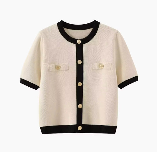 Short-Sleeve Knit Cardigan with Contrast Trim and Gold Buttons