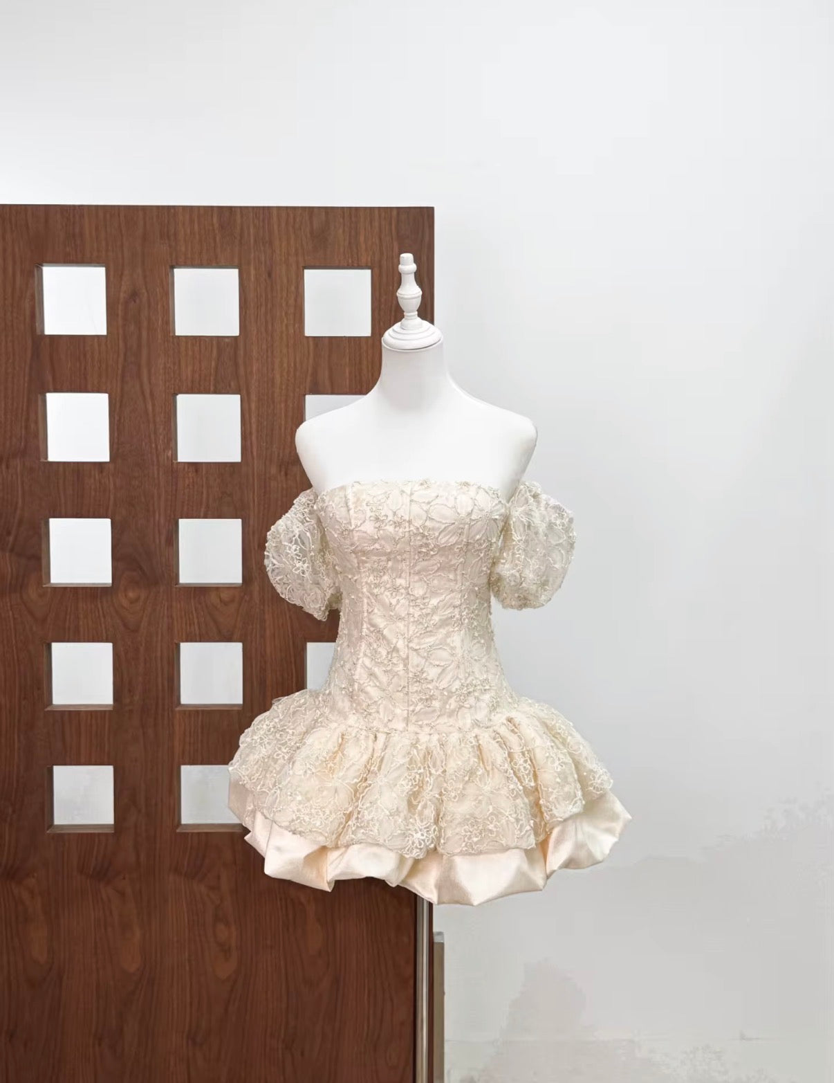 Off-Shoulder Lace Corset Bubble Mini Dress with Puff Sleeves
