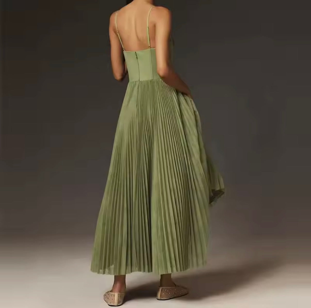 Olive Pleated Corset Maxi Dress