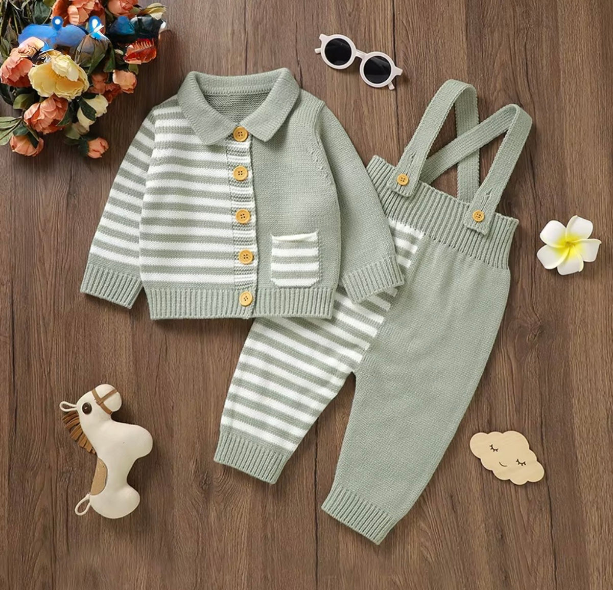 Striped Knit Overall Set