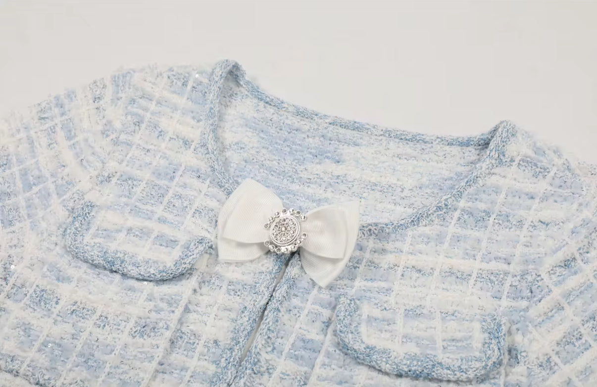 Elegant Blue Checkered Dress with Fitted Waist and Flared Hem