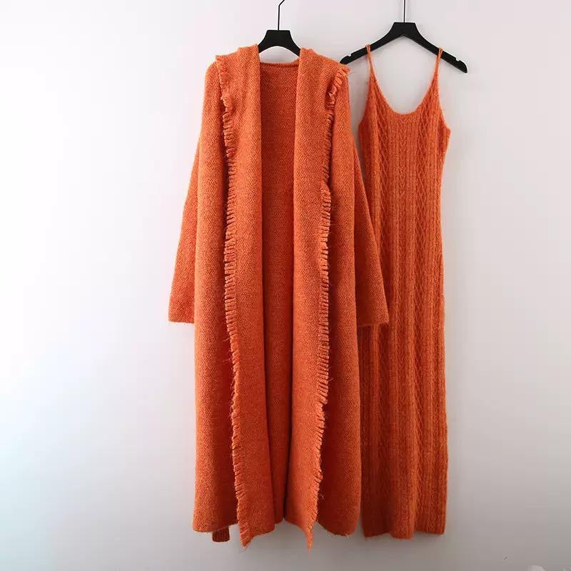 Fringe-Trim Knit Maxi Dress & Long Cardigan Set