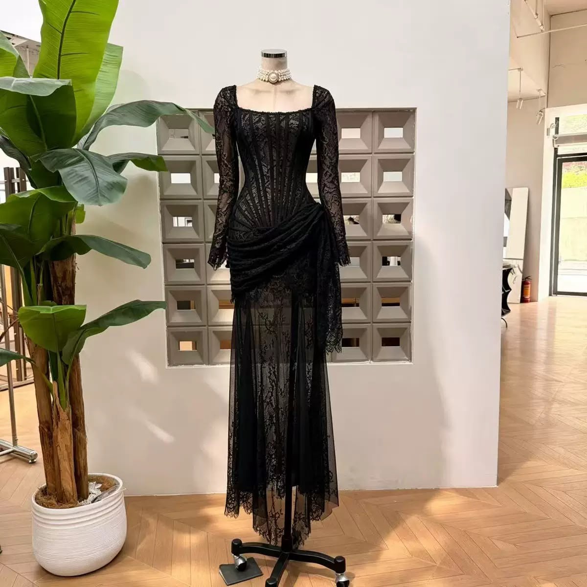 Square-Neck Lace Corset Maxi Dress