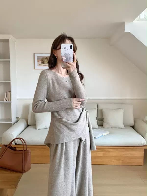 Draped Knit Top & Wide-Leg Pants Set