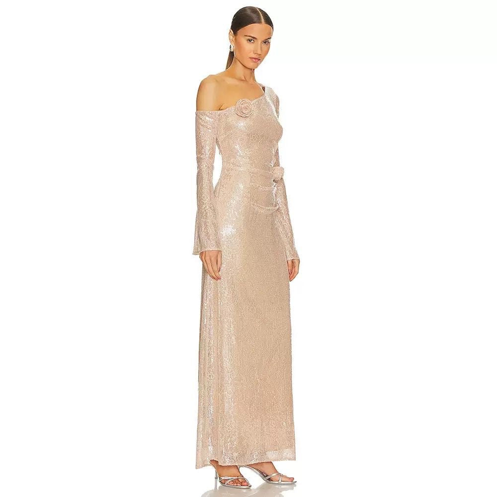 Rosette One-Shoulder Sequin Lace Dress