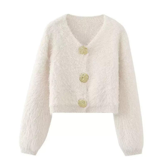 Fuzzy Button Cardigan with Gold Details