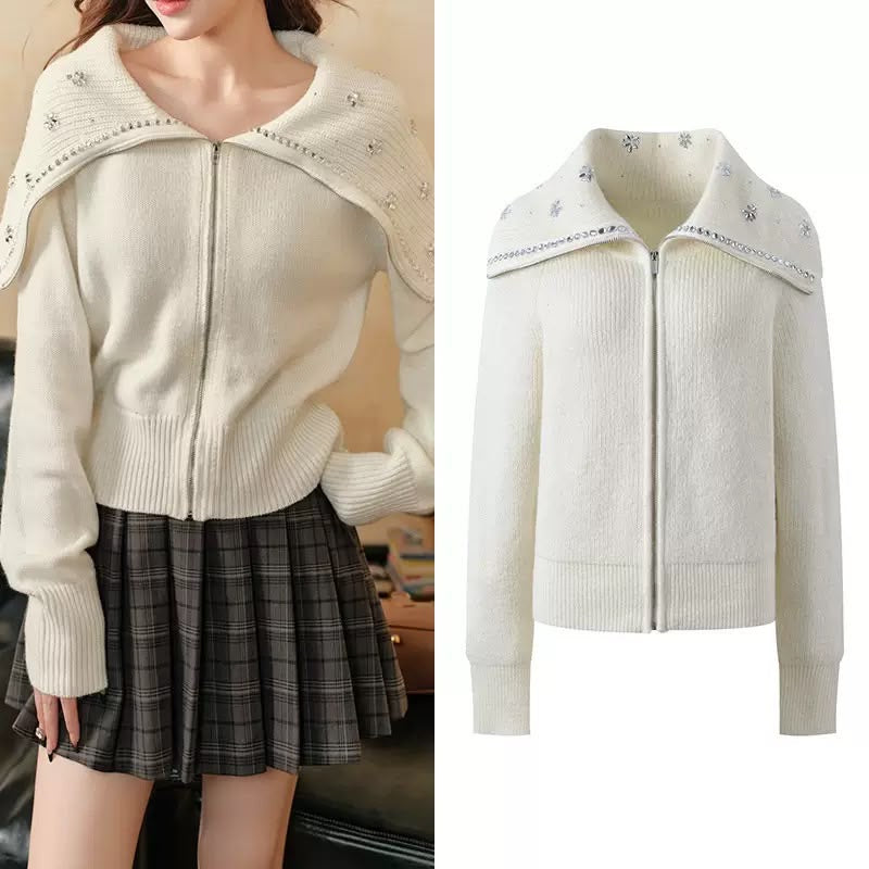 Crystal-Embellished Zip Knit Cardigan