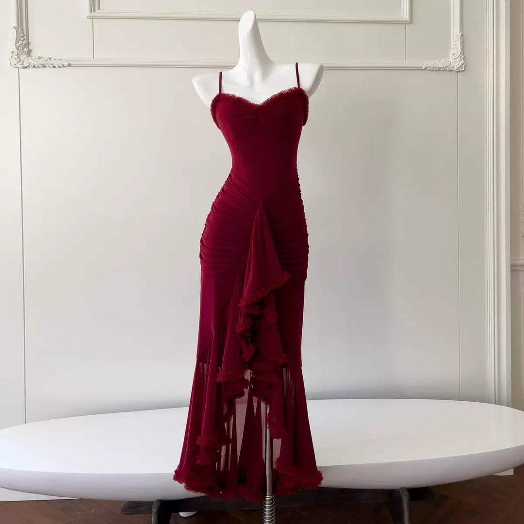 fitted mesh maxi dress with playful cascading ruffles