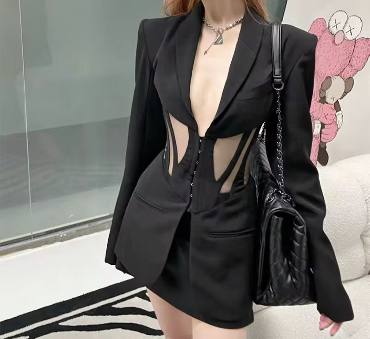 tailored fit blazer with sheer corset waist