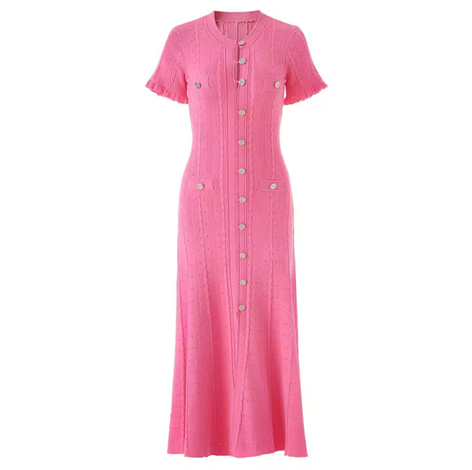 Pastel knit midi dress with front buttons and pocket detail