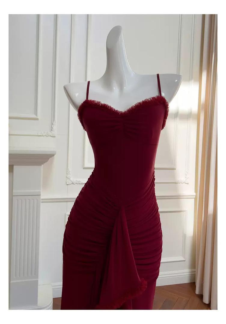 fitted mesh maxi dress with playful cascading ruffles