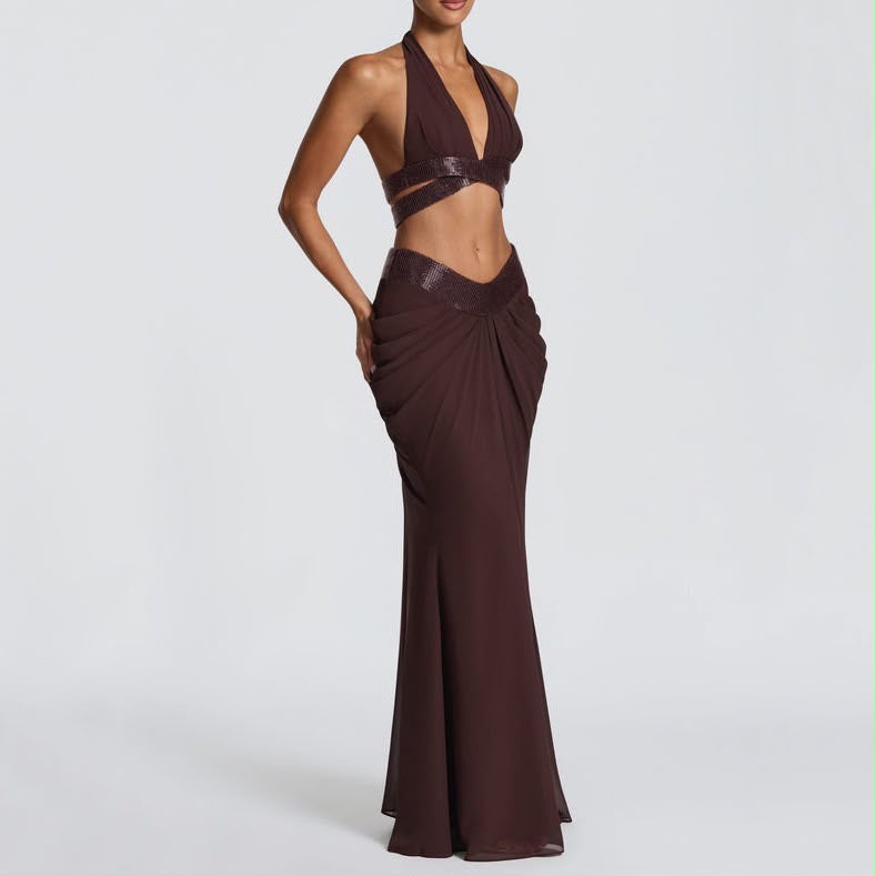 Chocolate Halter Crop Top & Draped Maxi Skirt Set ✨