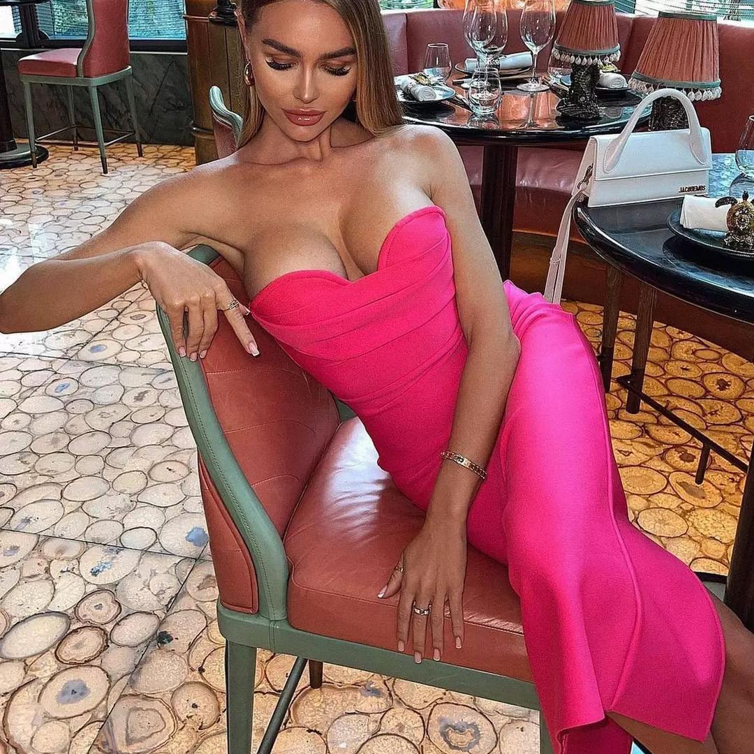 Hot Pink Strapless Bodycon Midi Dress with Sweetheart Neckline