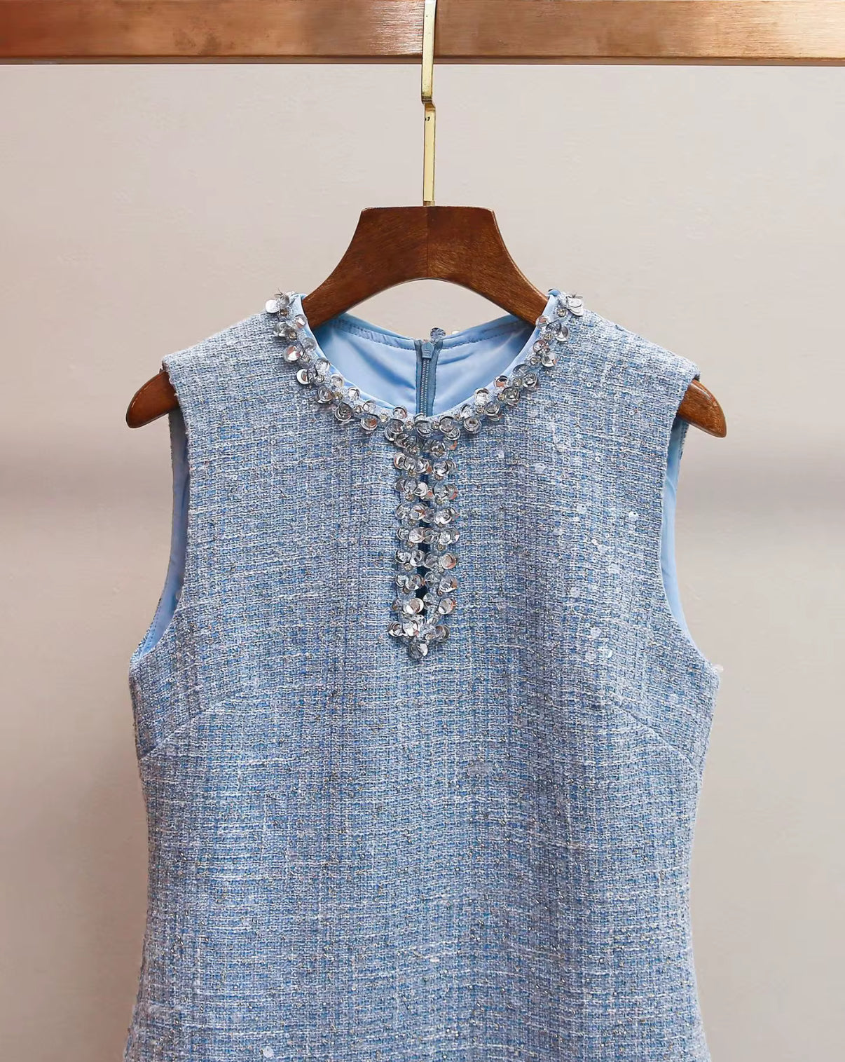 Blue Tweed Embellished Mini Dress