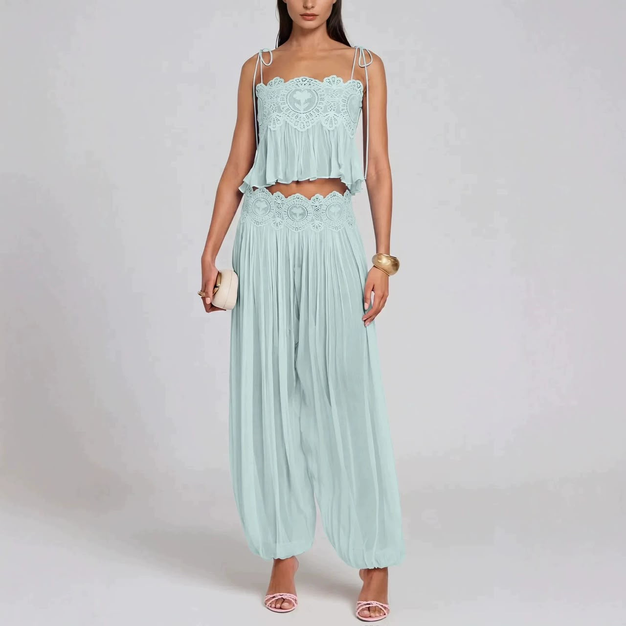 Lace Crop Top & Pleated Harem Pants Set