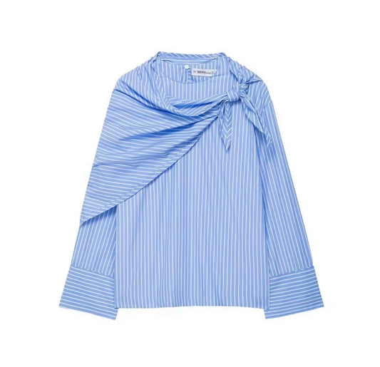 Striped Drape Bow Blouse