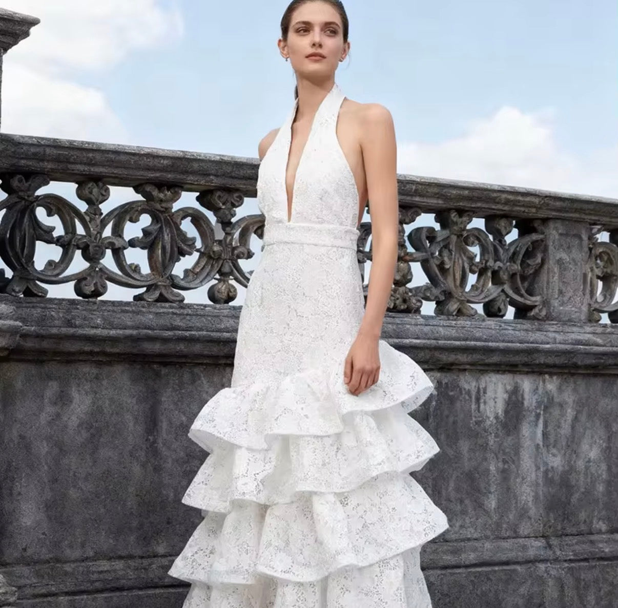 Ivory Lace Ruffle Gown