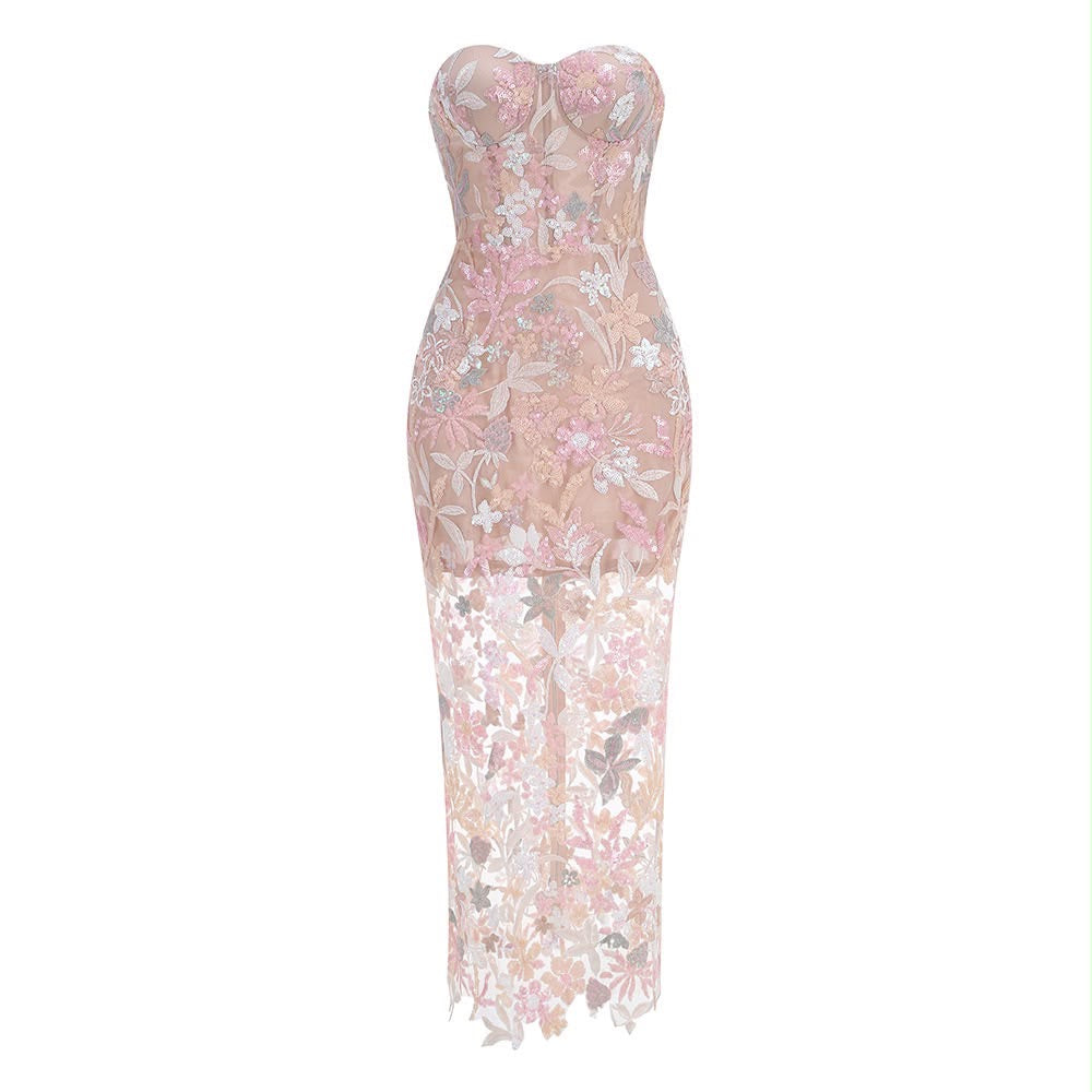 Pink Floral Embroidered Strapless Maxi Dress