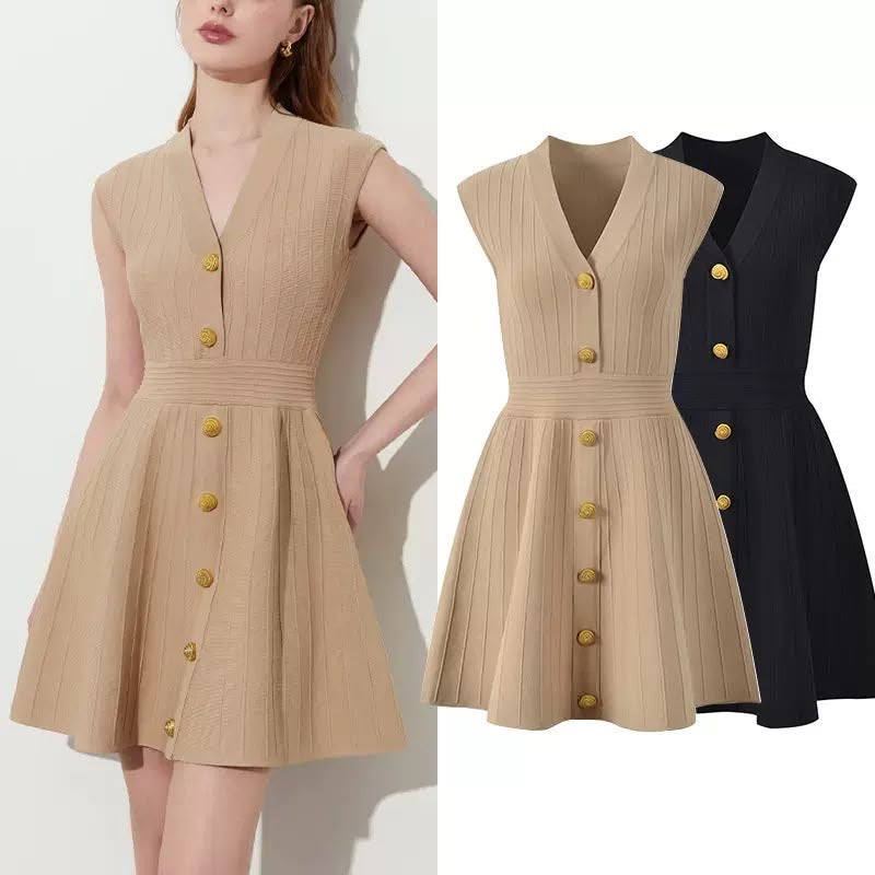 Gold-Button Ribbed Knit Mini Dress