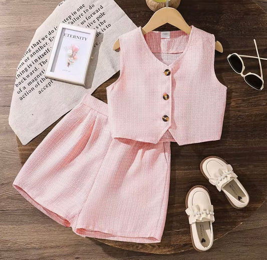 Textured Button Vest & Shorts Set