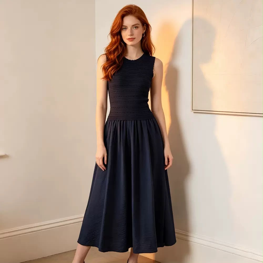 Sleeveless Knit Bodice Flared Maxi Dress