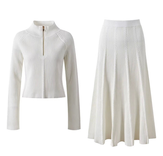 Zip Neck Ribbed Knit Maxi Skirt Set