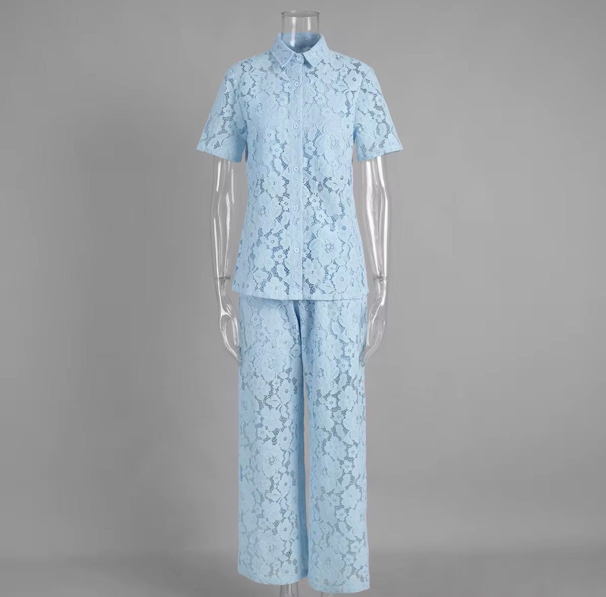 Blue Lace Shirt & Wide-Leg Pants Set