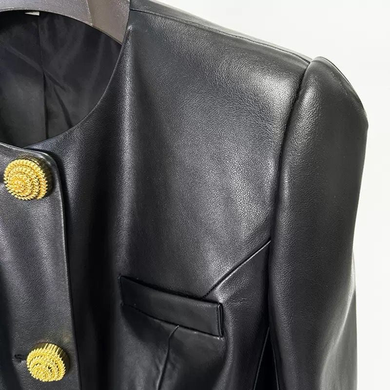 Sculpted Luxe Leather Blazer with Gold Medallion Buttons