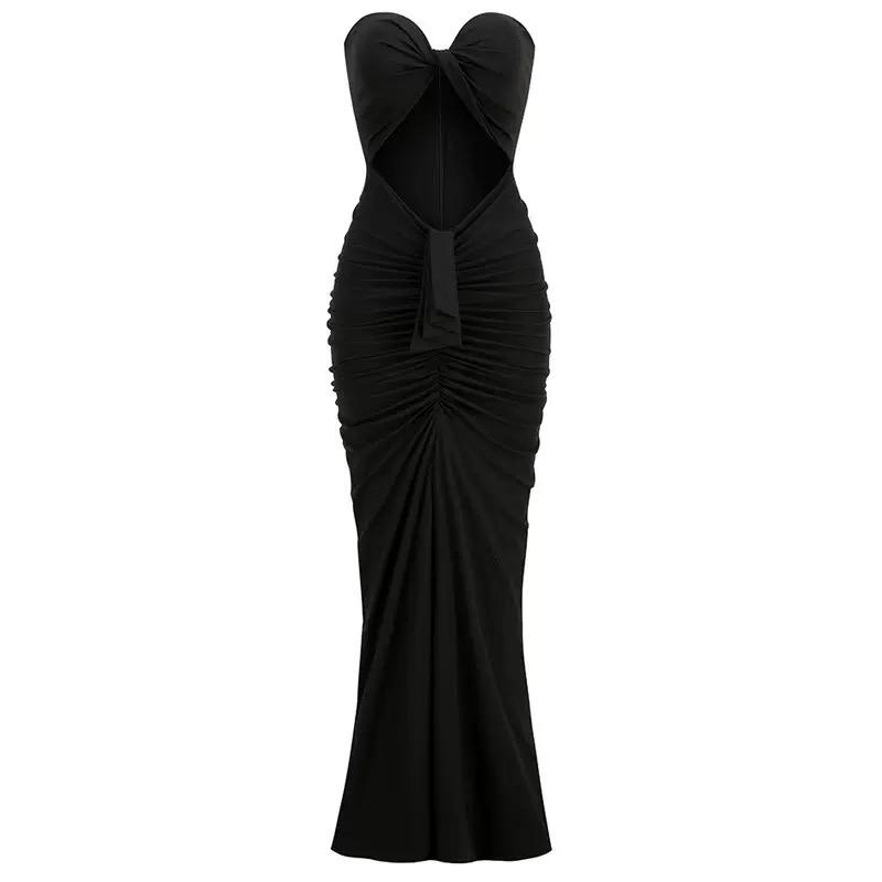 Black Twist-Front Maxi Dress with Side Cutouts and Ruched Detailing