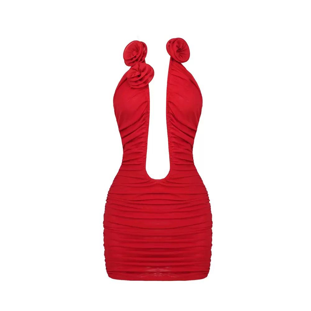 Red Halter Mini Dress with Double Rose Detail and Front Cut-Out