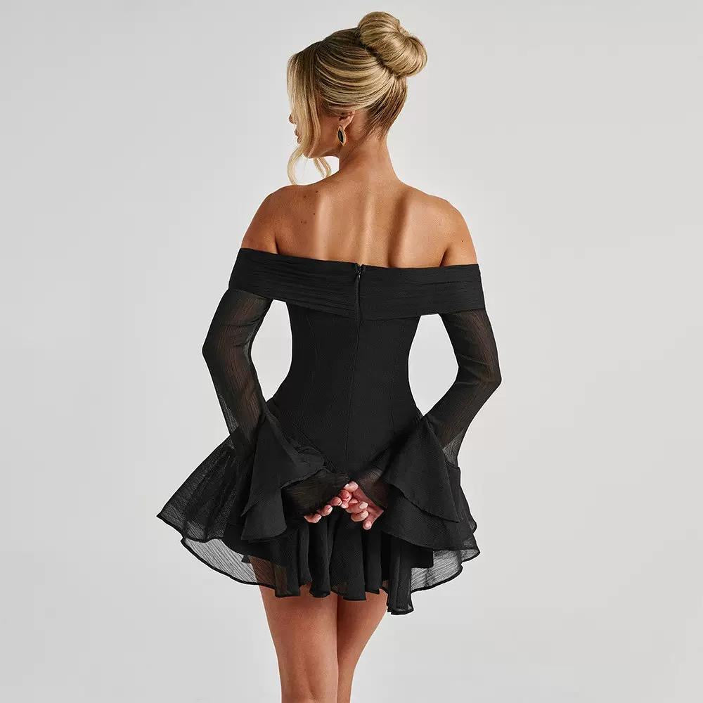 Off-Shoulder Chiffon Bow Mini Dress with Flared Sleeves