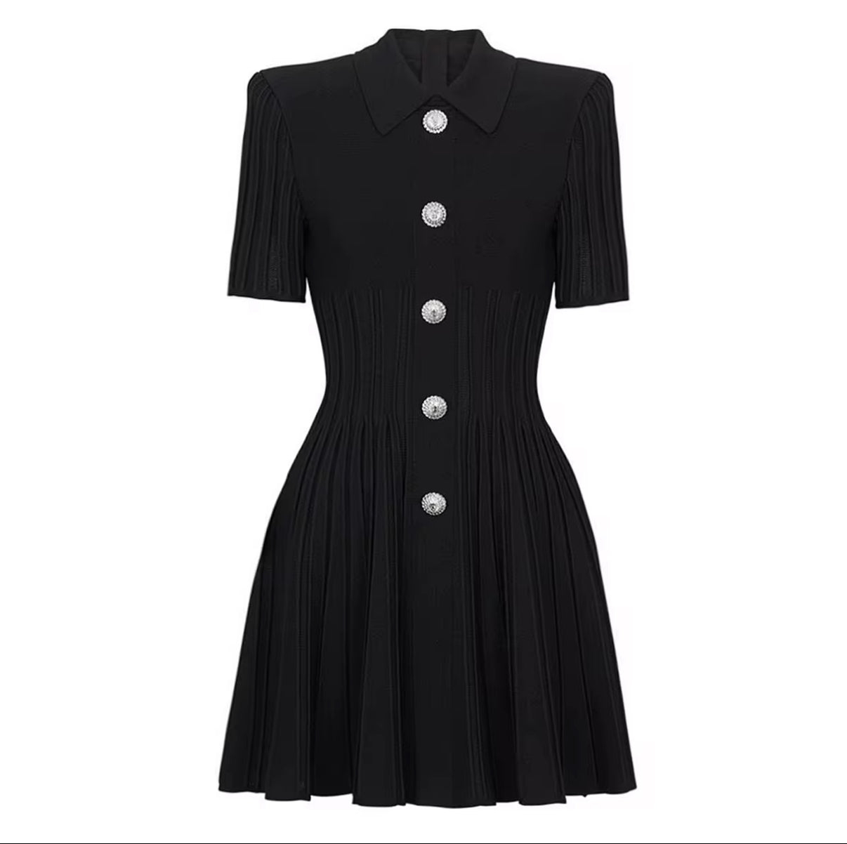 Pleated Mini Dress with Crystal Button Front
