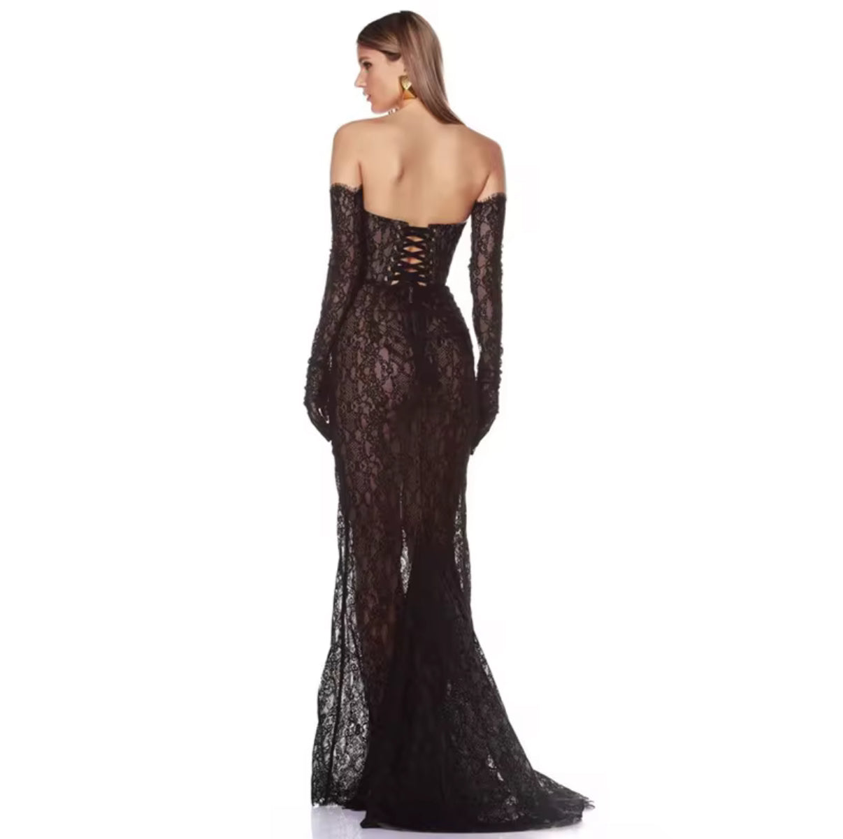 Elegant Strapless Lace Evening Dress with Matching Long Gloves