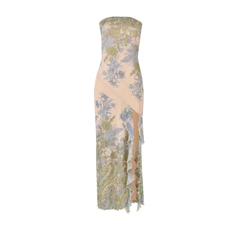 Pastel Garden Strapless Ruffle Slit Maxi Dress