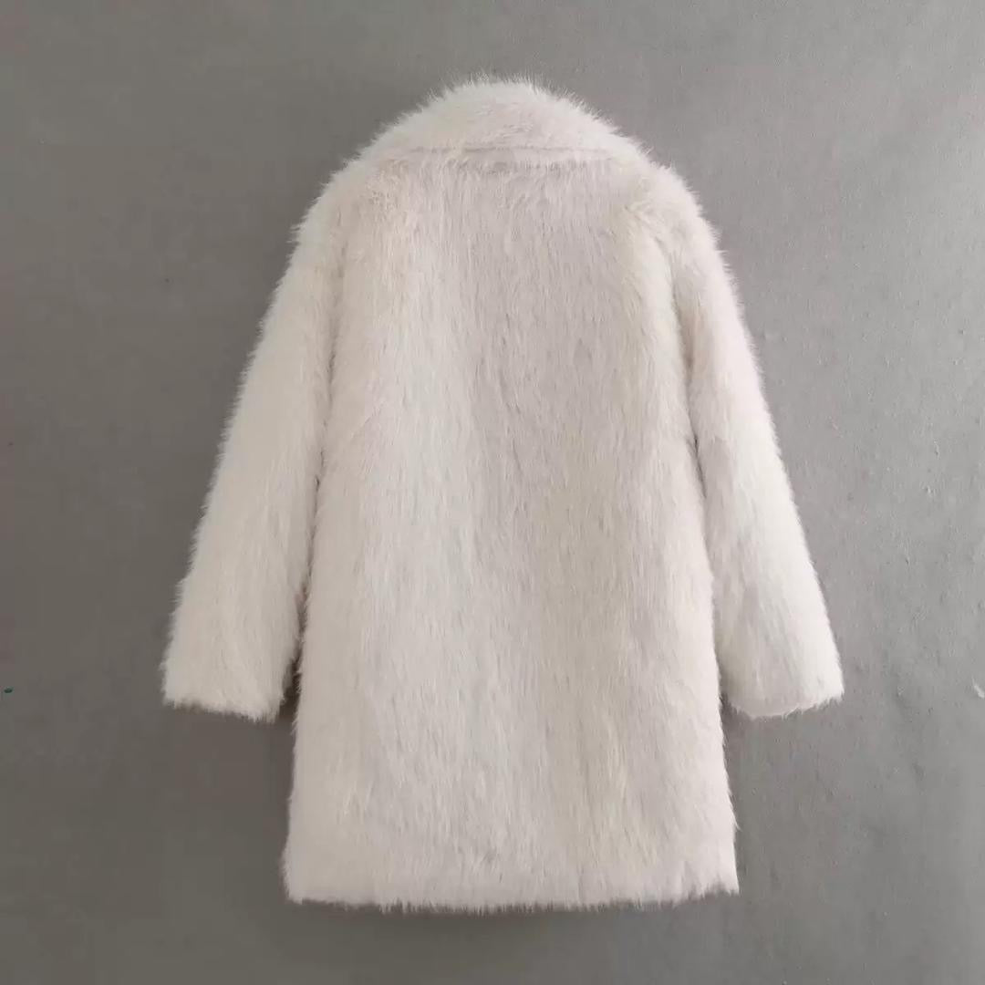 White Faux Fur Coat with Lapel Collar