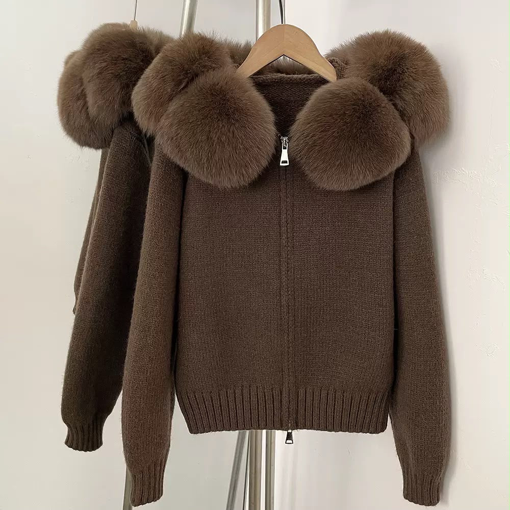 Oversized Fur Collar Knit Cardigan