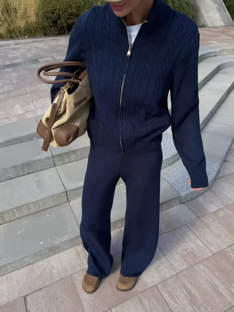 Cable Knit Zip Cardigan & Wide-Leg Pants Set