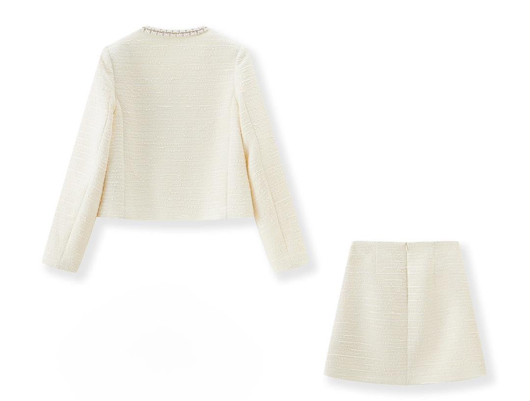 Crystal-Trim Cream Tweed Blazer & Mini Skirt Set