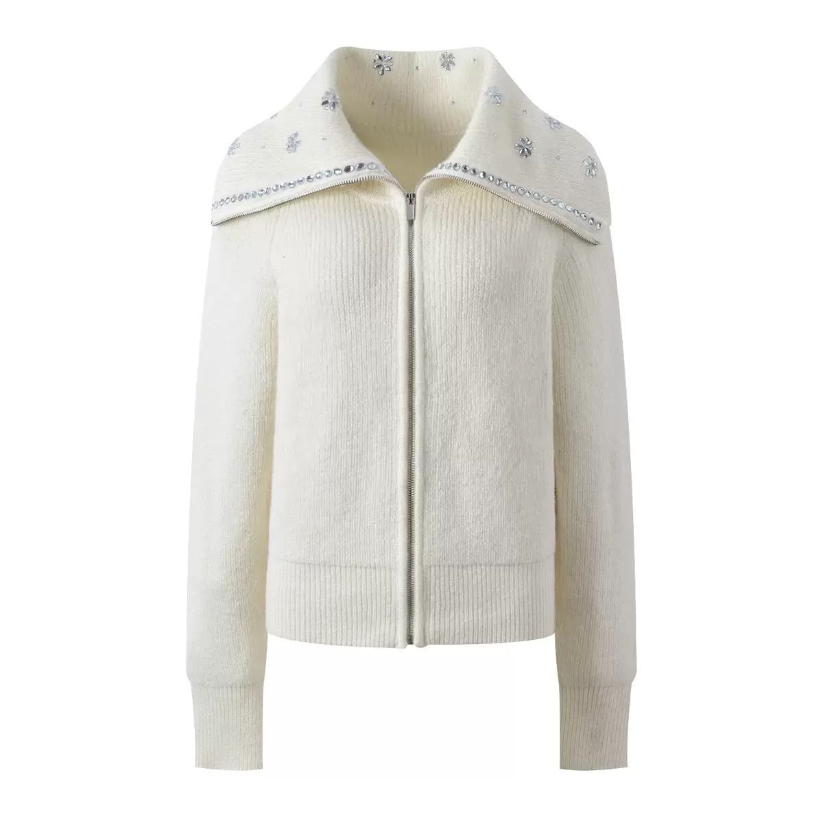 Crystal-Embellished Zip Knit Cardigan