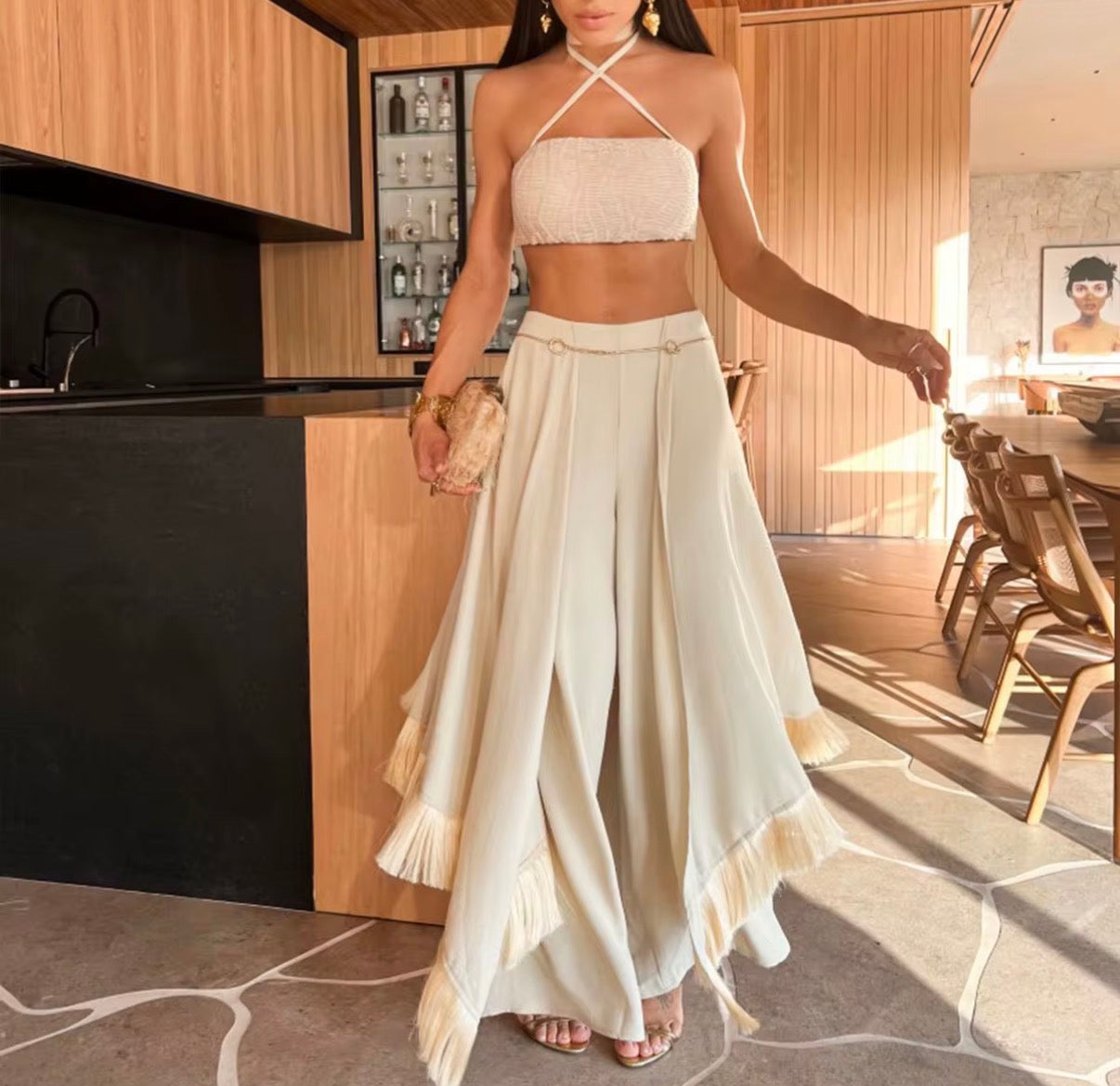Champagne Fringe Layered Wide-Leg pants