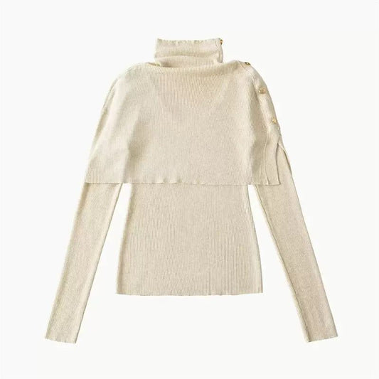 High-Neck Layered Knit Top with Side Buttons