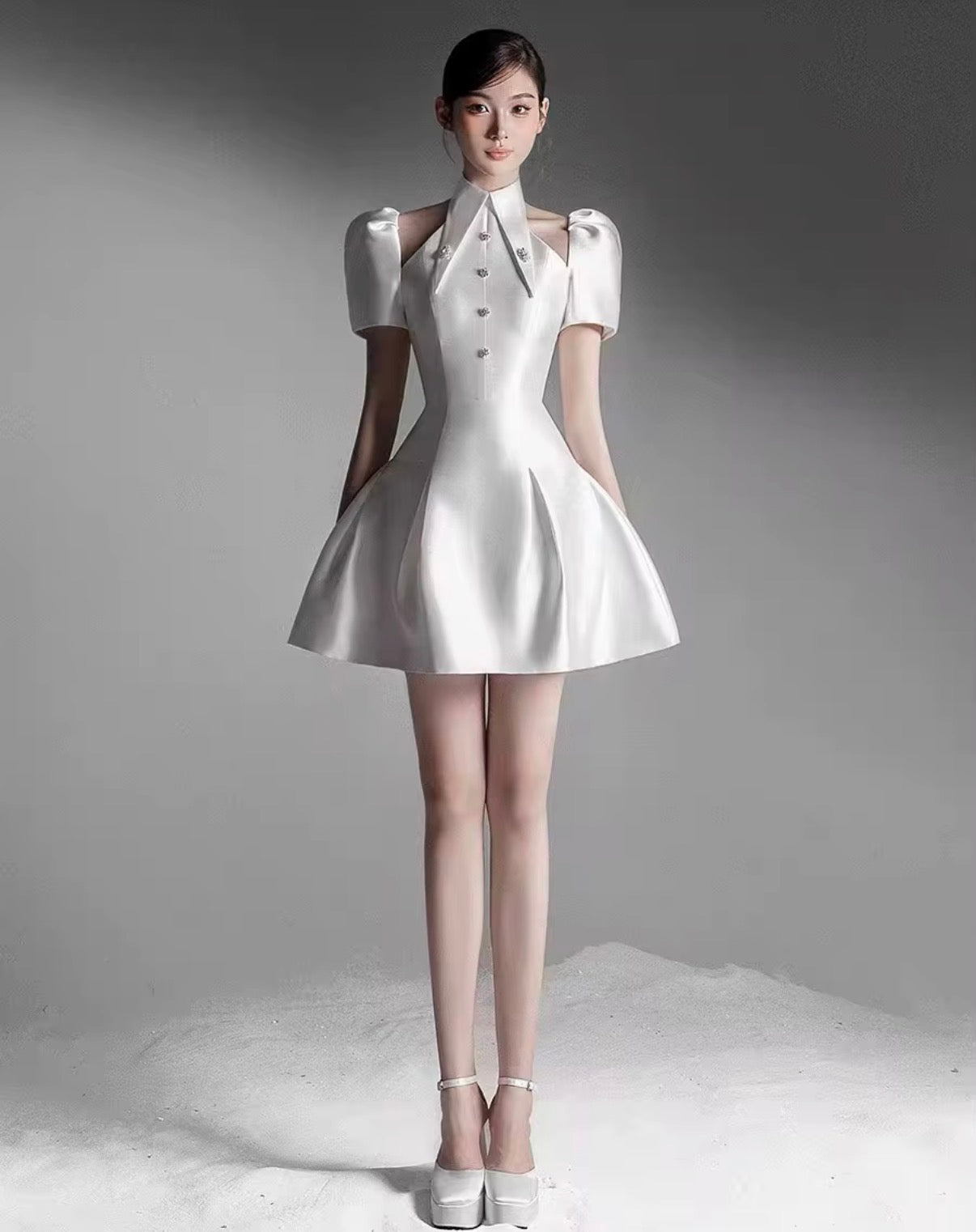 Elegant Sculpted Mini Dress with Statement Collar, Crystal Buttons, and Structured Puff Sleeves