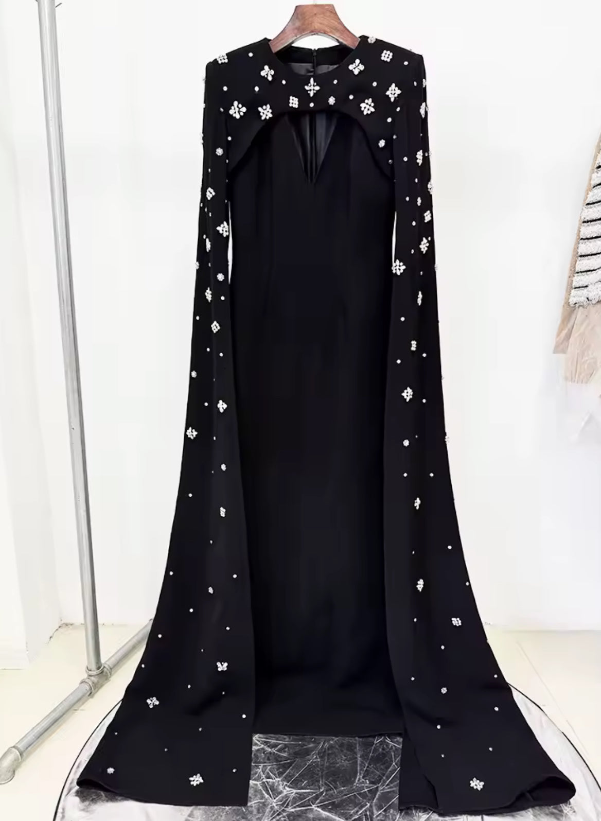 Regal Maxi Dress with Flowing Cape Detail