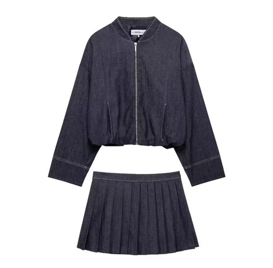 Denim Chic Two-Piece Set with Pleated Mini Skirt