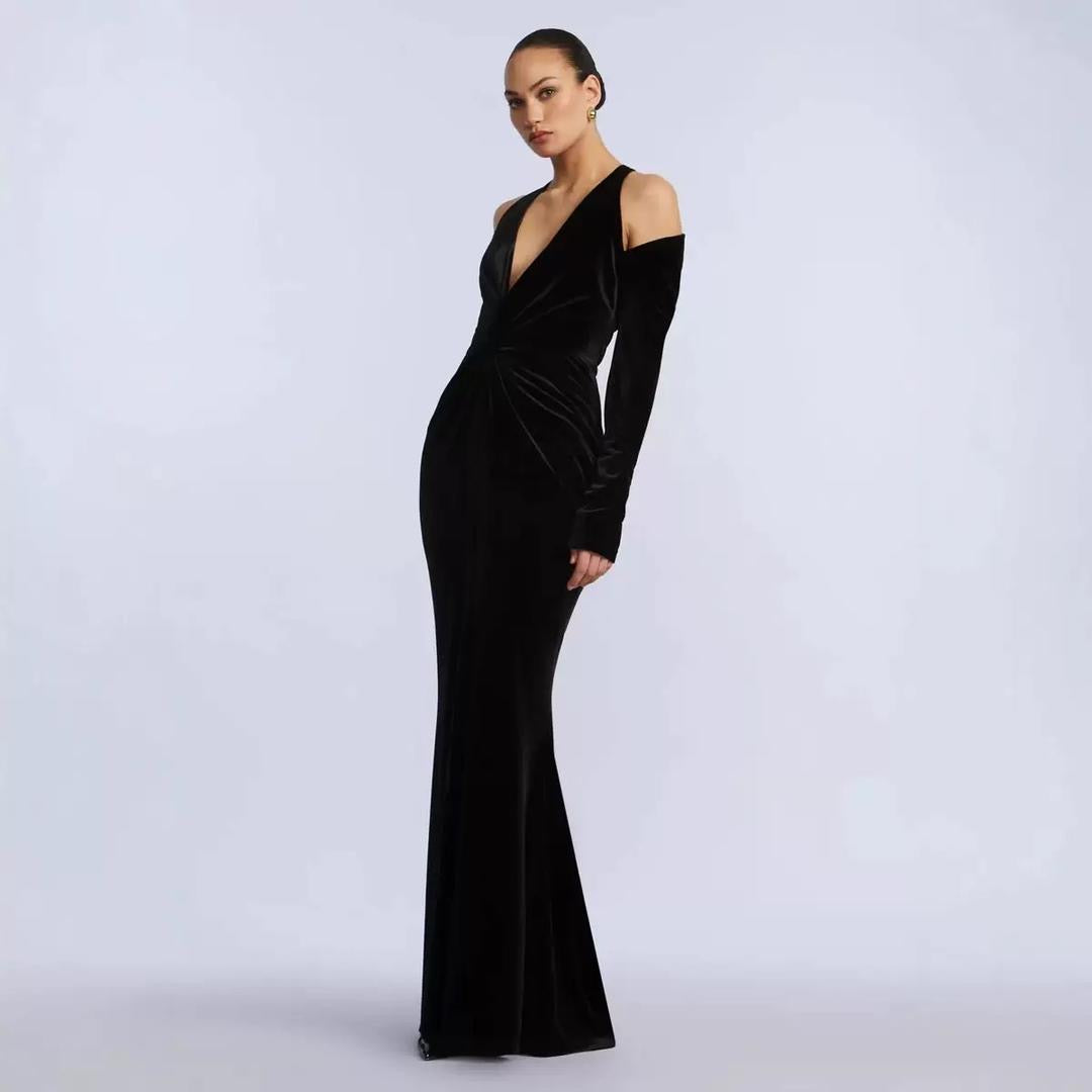Cold Shoulder Velvet Maxi Dress