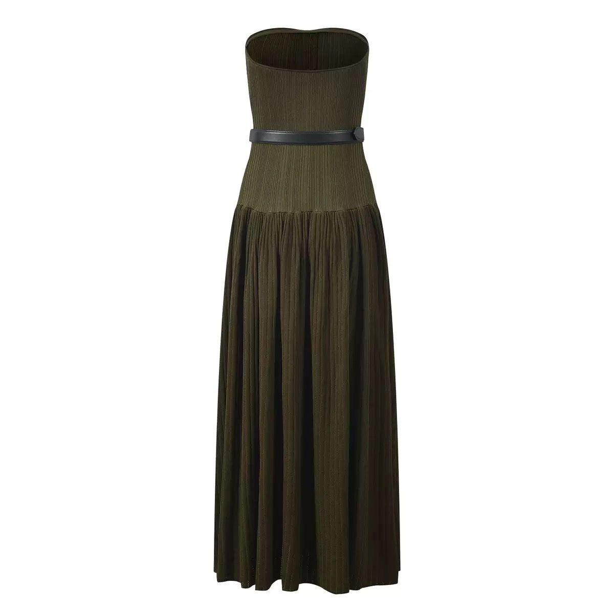 Strapless Pleated Maxi Dress with Gold Button Detail & Belt