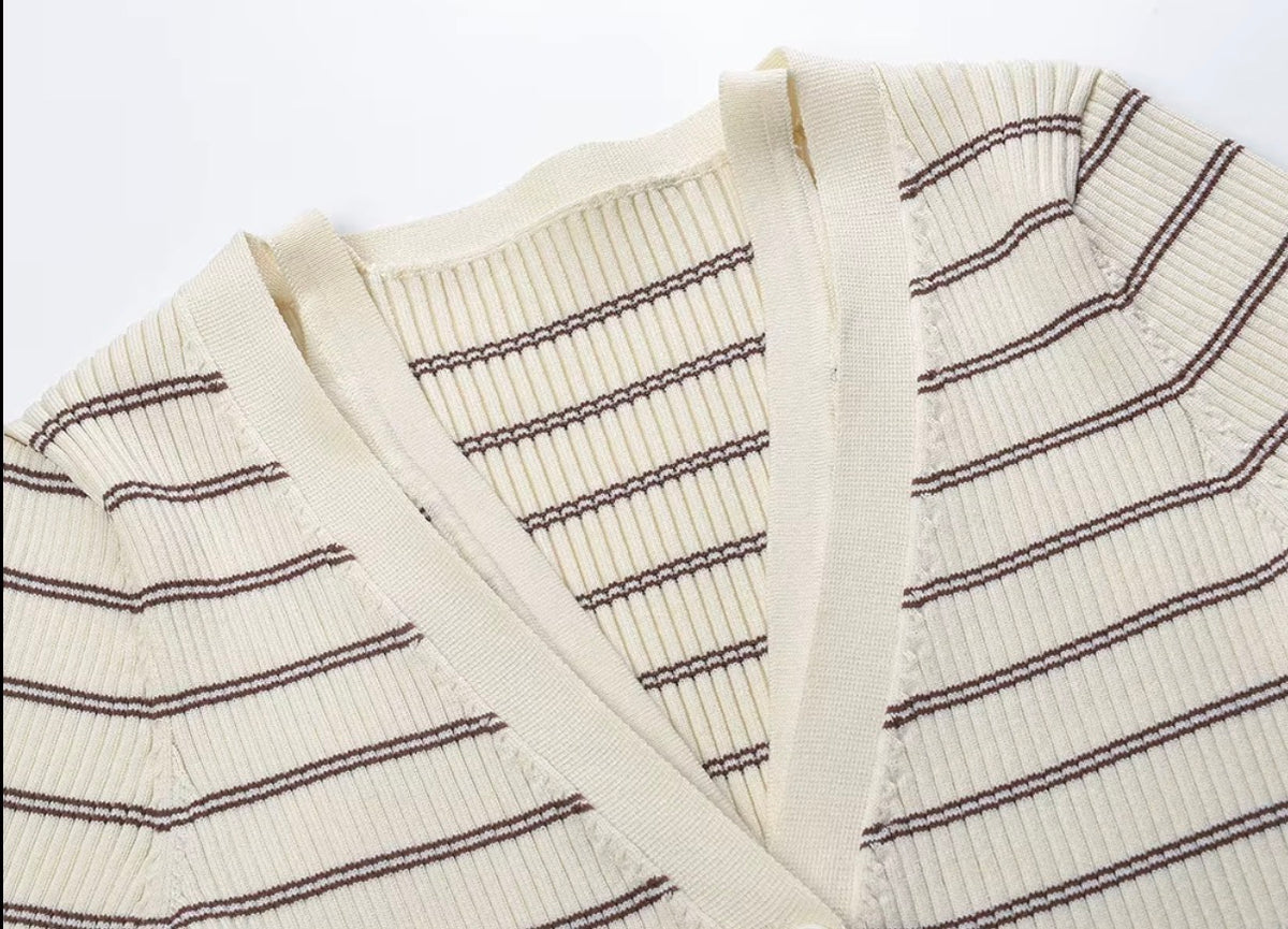Ivory Striped Ribbed Knit Cardigan