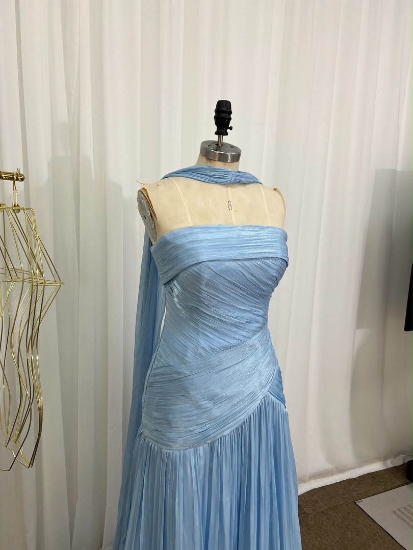 Blue Draped Strapless Cape Maxi Dress