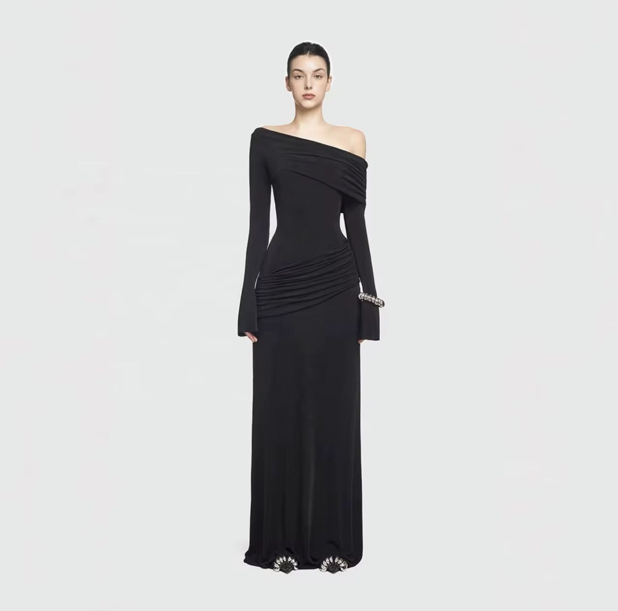 Black One-Shoulder Maxi Dress with Draped Detailing