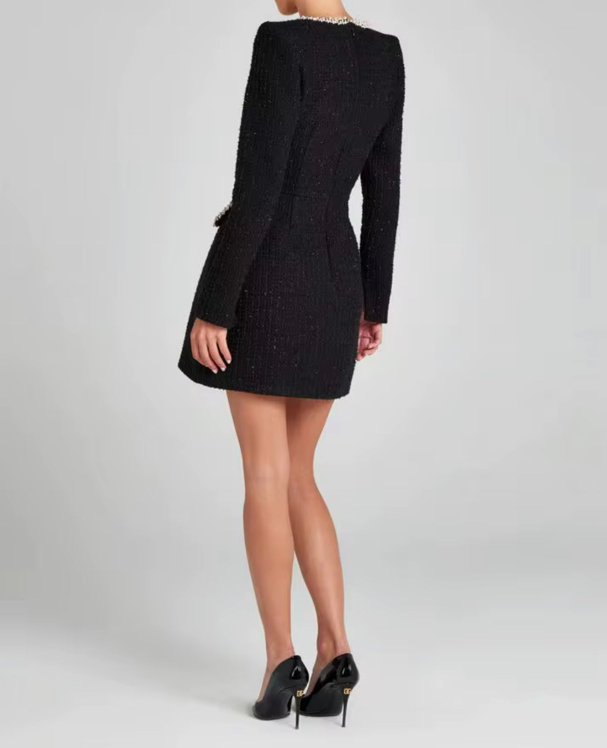Structured Long-Sleeve Tweed Dress